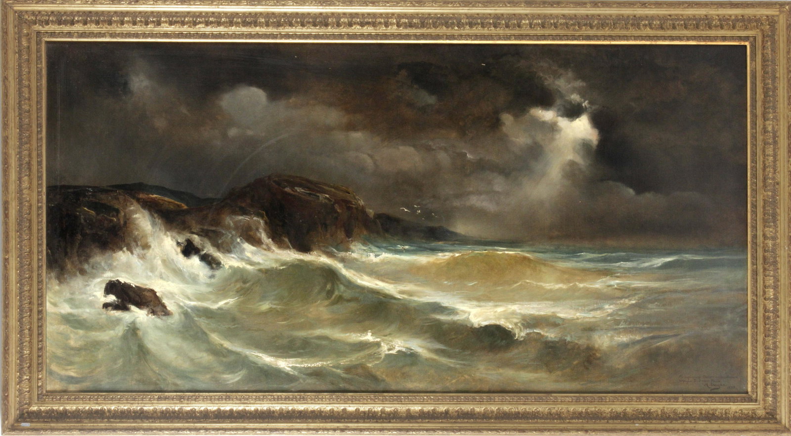 Manuel CuyÃ s AgullÃ³: Manuel CuyÃ s AgullÃ³. (CataluÃ±a, act. segunda mitad siglo XIX). Paisaje costero (1888), Ã³leo sobre lienzo, 85x165 cm. Firmado, fechado y dedicado en Ã¡ngulo inferior derecho.