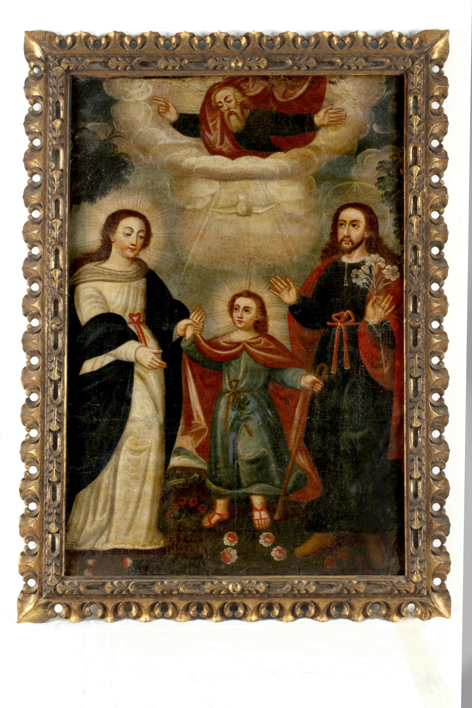18th century school of Lima: Escuela limeÃ±a siglo XVIII. La Sagrada Familia con Dios Padre y el EspÃ­ritu Santo, Ã³leo sobre lienzo, 107x73 cm.