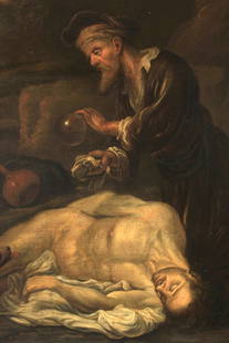 16th century German school. Circle of Adam Elsheimer: Escuela alemana siglo XVI . CÃÂrculo de Adam Elsheimer (Fráncfort, 1578-Roma, 1610). "El buen samaritano", óleo sobre tabla, 45x39,50 cm.