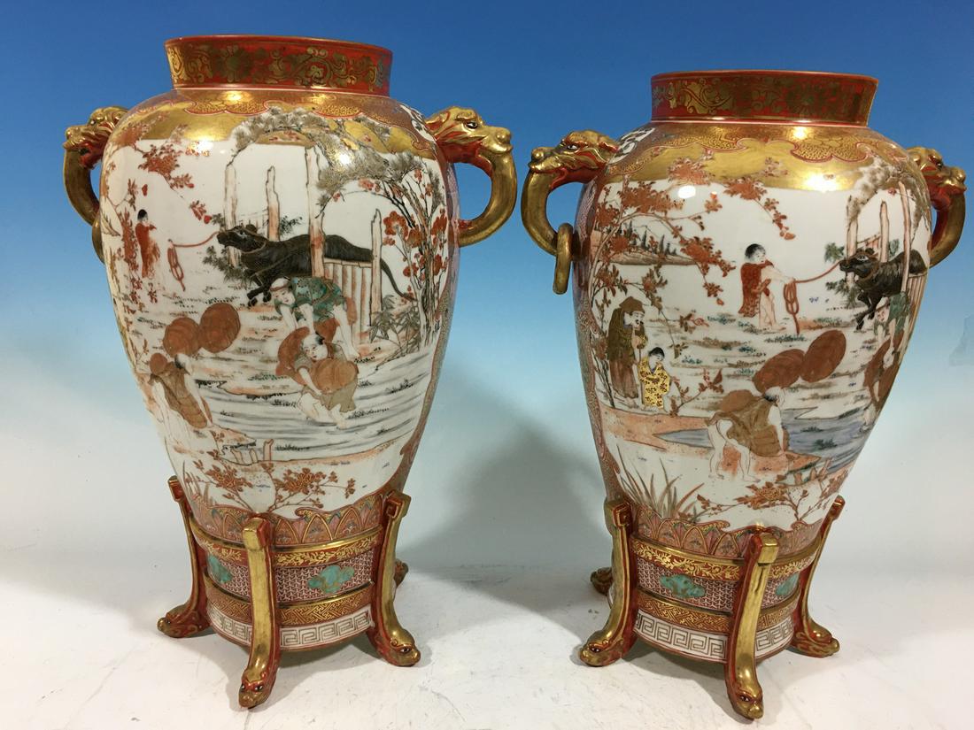 FINE Japanese Vases with Bafolo, Figurines and Birds,: FINE Japanese Vases with Bafolo, Figurines and Birds, Meiji period. 14 1/2" high