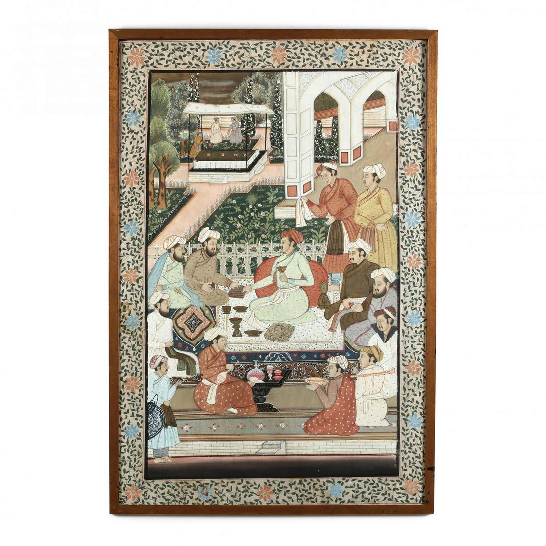 Large Vintage traditional Indian Mughal painting, first: Large Vintage traditional Indian Mughal painting, first half of the 20th century, gouache on silk. 46 x 31 in