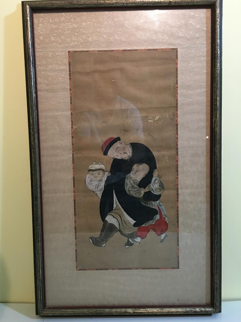 OLD Chinese watercolor painting with Man and boys, 19th: OLD Chinese watercolor painting with Man and boys, 19th century. 29" x 17"