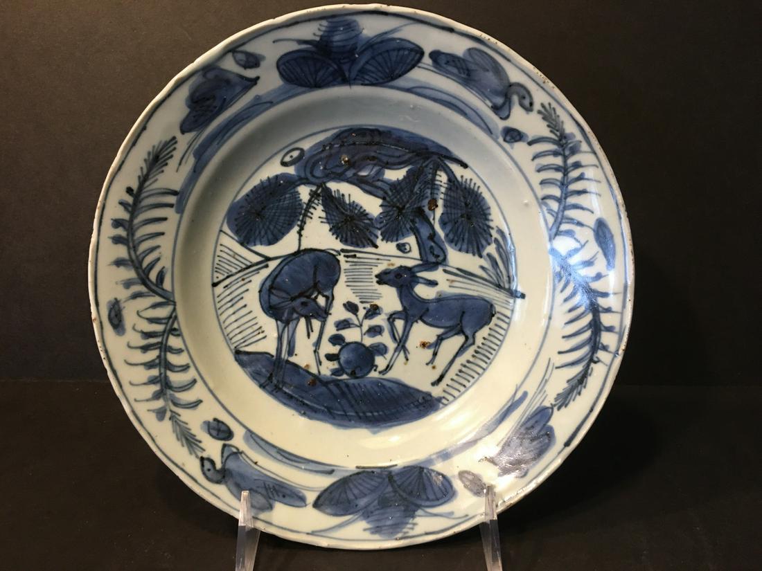 OLD Chinese Blue and White Plate with Deer and Flowers, (1 of 8)