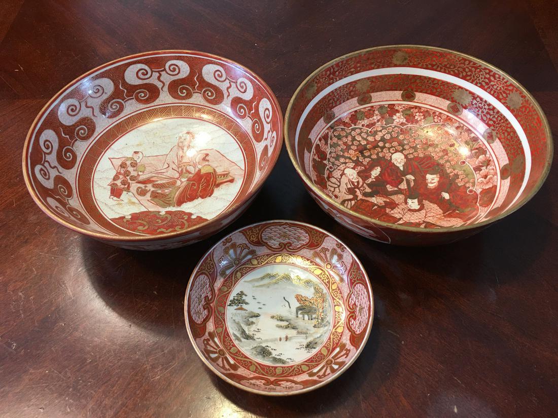 OLD Large Kutani Bowls (3 pcs), marked. Meiji period (1 of 9)