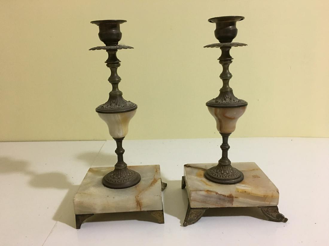 OLD pair Bronze and stone lamp stands (1 of 4)
