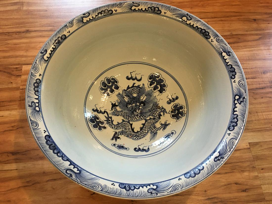 Large Chinese Blue and White Punch Bowl with Dragons (1 of 8)