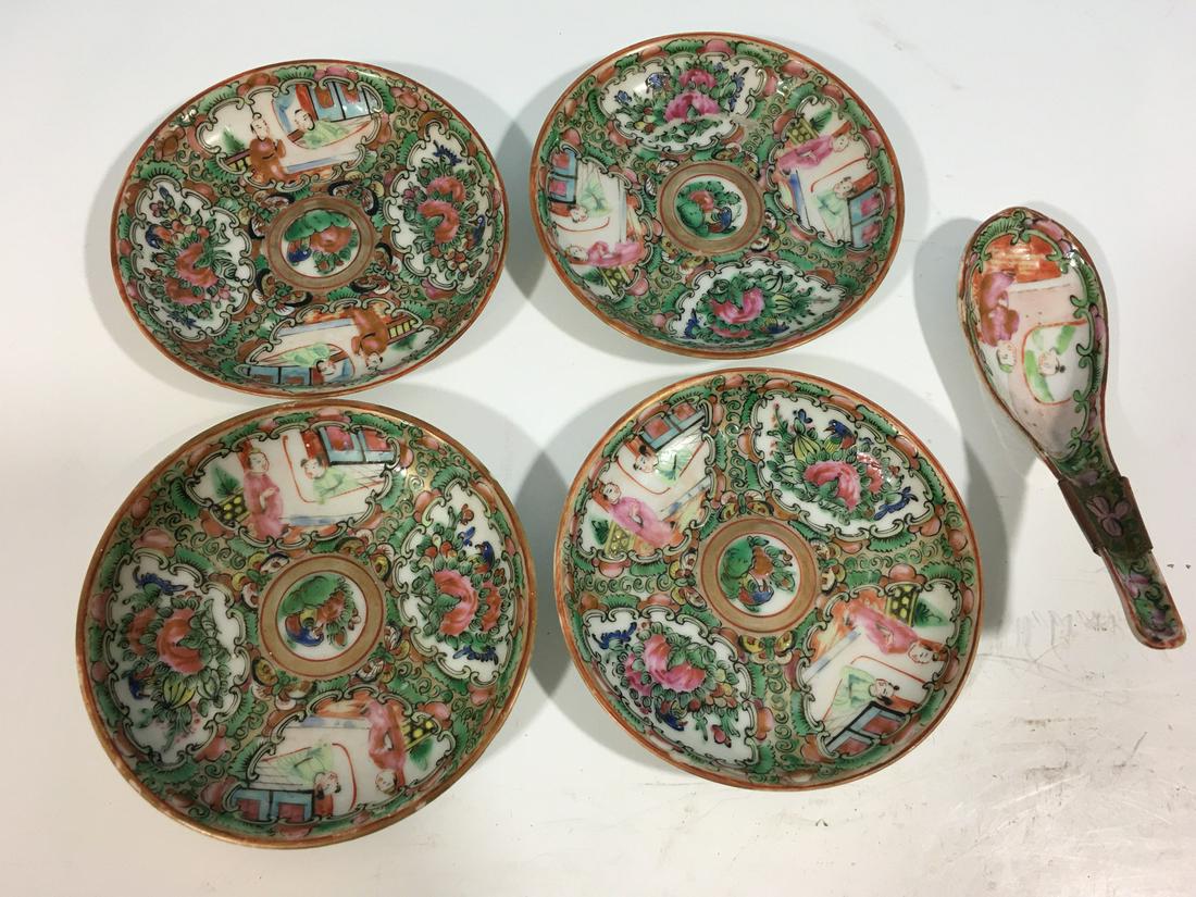 Old Chinese Rose Medallioin Plates plus a Spoon 19th (1 of 5)