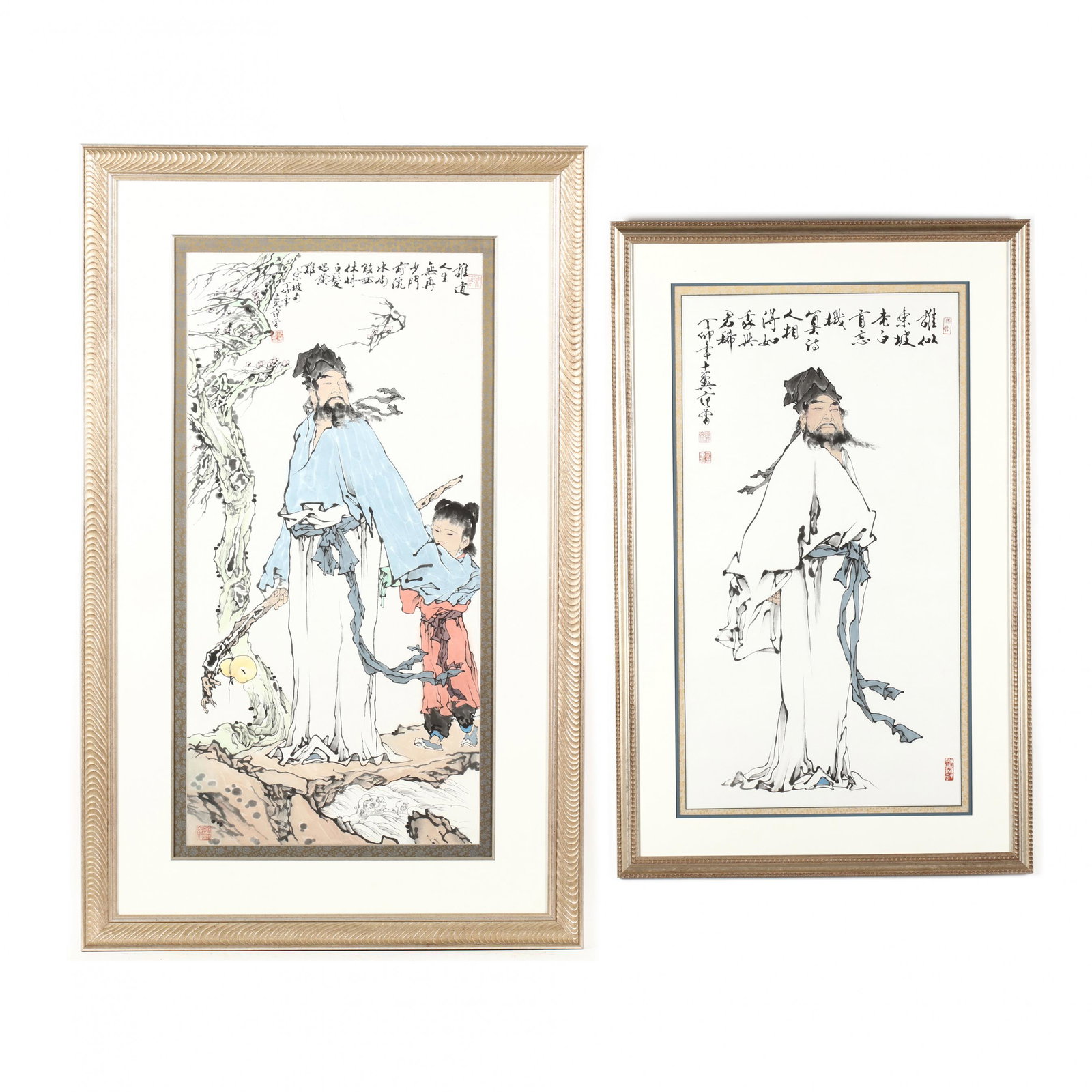 Pair Chinese Watercolor paintings with Figurines and Chinese Callipgraphy, Fan Zhang (1 of 10)