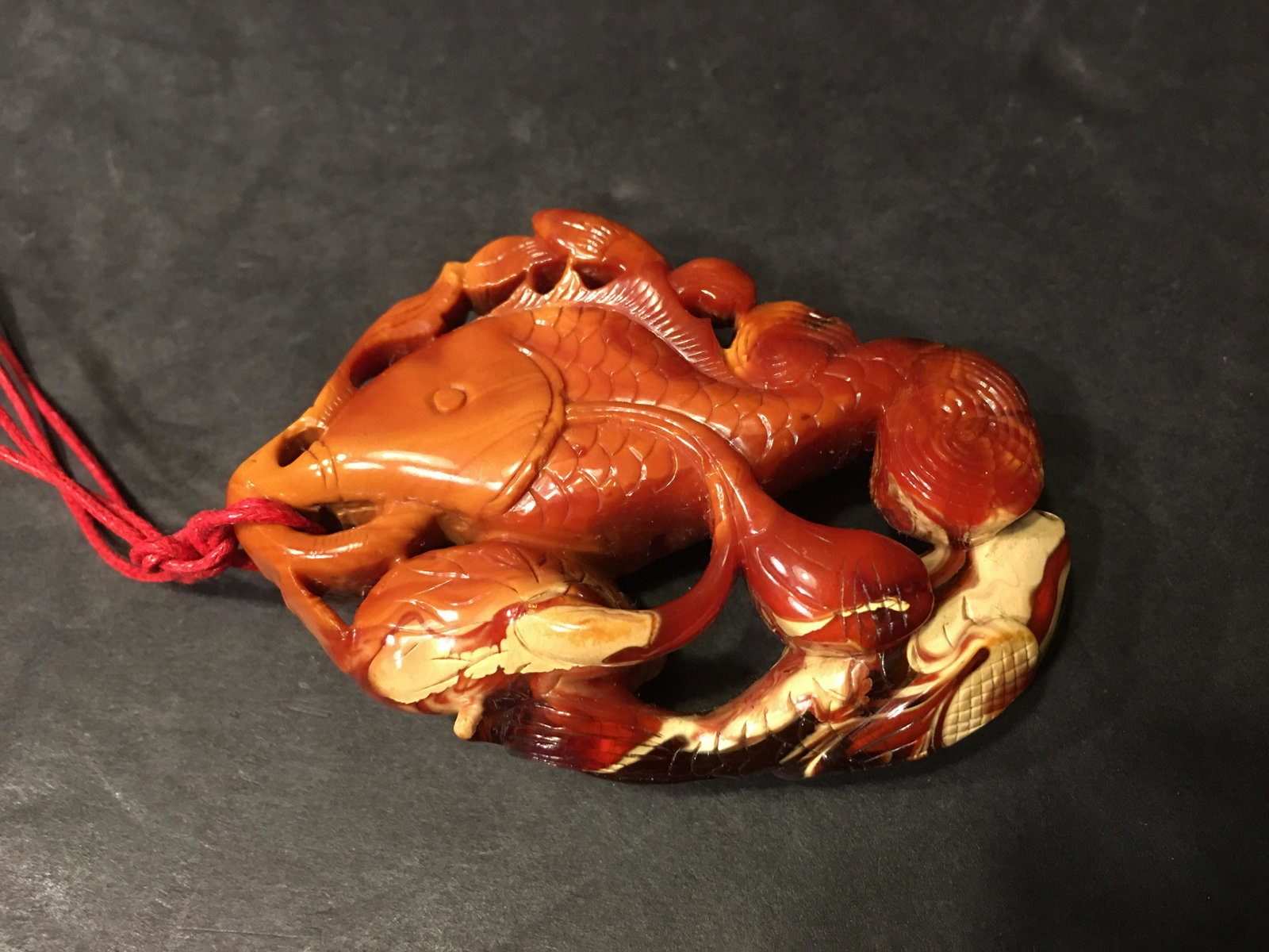 Large old Chinese Amber Carvings with Fish , lotus an ruyi (1 of 10)