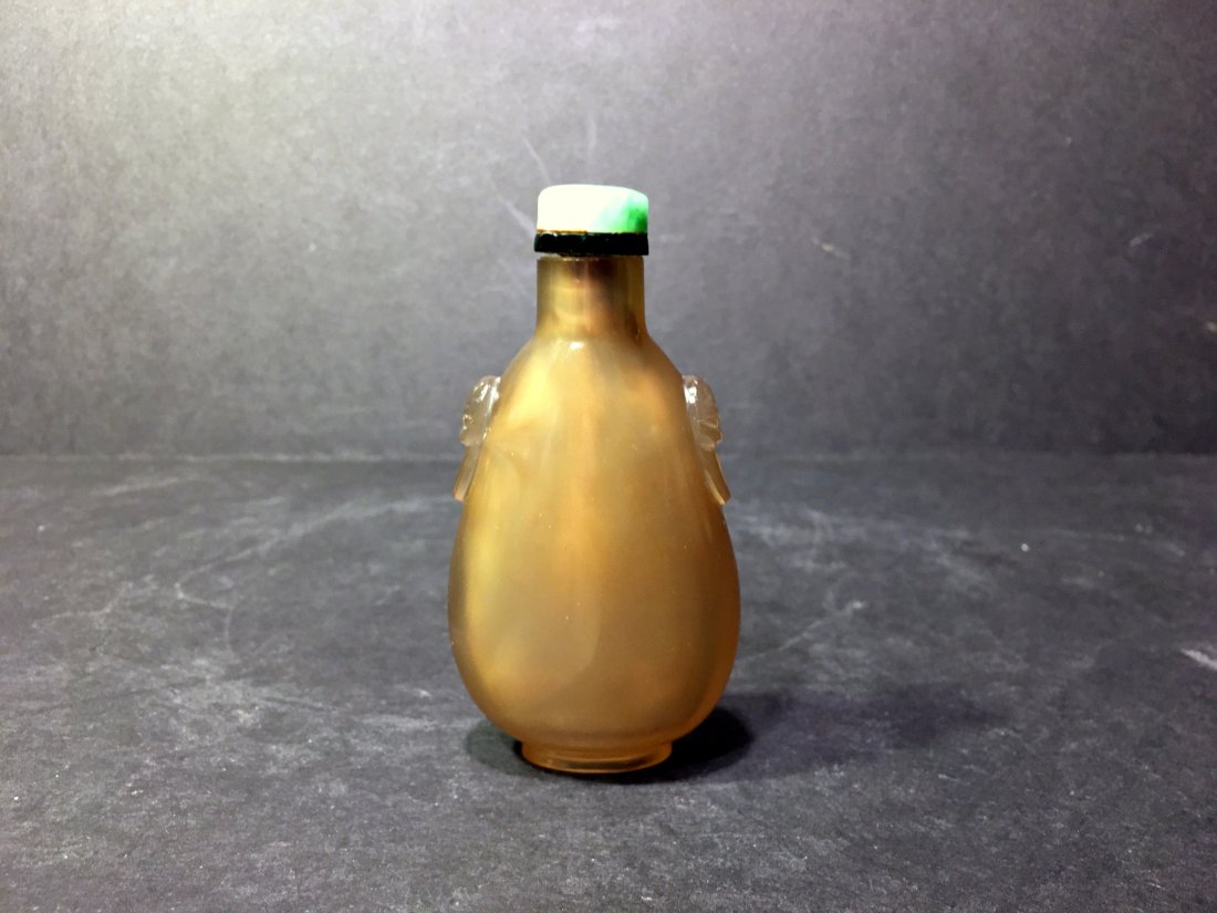 Old Large Chinese Agate Snuff Bottle carved with foo dog heads, 3" high (1 of 8)