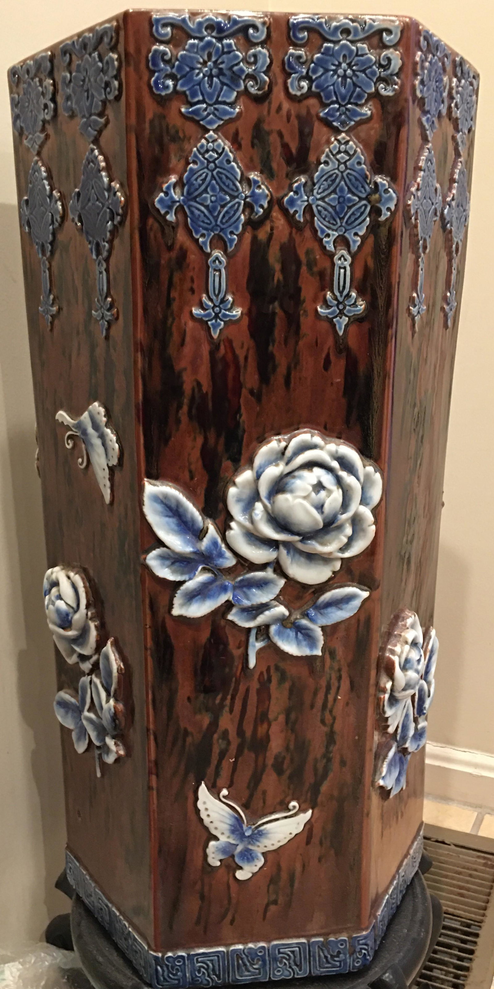 OLD Porcelain Umbrella Stand with Flowers, 19th century: OLD Porcelain Umbrella Stand with Flowers, 19th century. 23 1/2" x 12"