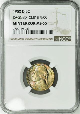 ERROR 1950-D Jefferson Nickel Ragged Clip @9:00 NGC: ERROR 1950-D Jefferson Nickel Ragged Clip @9:00 NGC MS-65 Estimate: $45