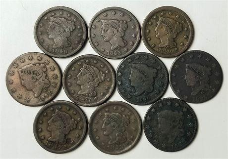 Lot of 10 Different Date Large Cents (1 of 2)