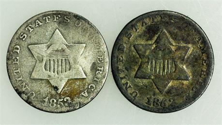 Lot of 2. 1852 & 1853 Silver Three Cents (1 of 2)