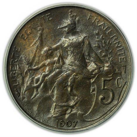 FRANCE 1907 Five Centimes ANACS MS-62 BN (1 of 3)
