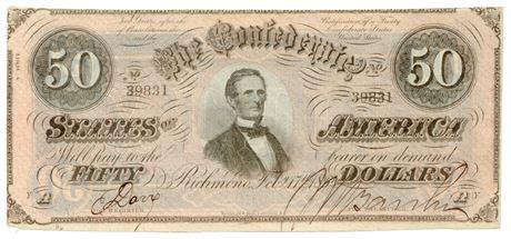 Type 66 1864 $50 Confederate States of America Note - (1 of 2)