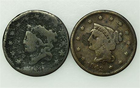Lot of 2 Coins. 1831 & 1842 Large Cents (1 of 2)