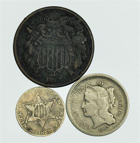 Lot of 3 Coins. Odd Denominations. 1865 Two Cent, 1858 (1 of 2)