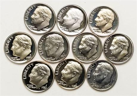 Lot of 10 Coins. 1971-1990 Proof Roosevelt Dimes (1 of 2)