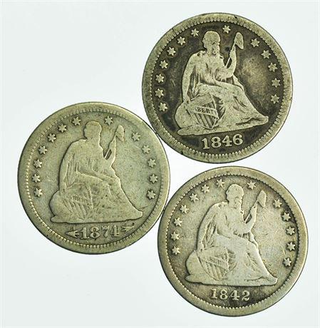 Lot of 3 Coins. 1842-O, 1846, and 1874-S Seated Liberty (1 of 2)