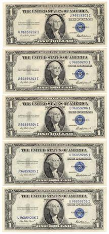Lot of 5 Consecutive Notes Fr.1615 1935-F $1 Silver (1 of 2)