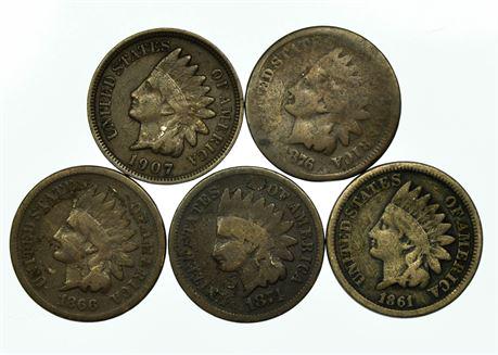 Lot of 5 Indian Head Cents 1861, 1866, 1874, 1876, 1907 (1 of 2)