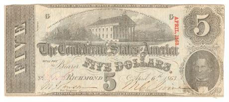 Type 60 1863 Five Dollar Confederate Note (1 of 2)