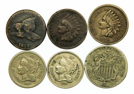 Group of 6 19th Century Type Coins 1857 - 1868 (1 of 2)