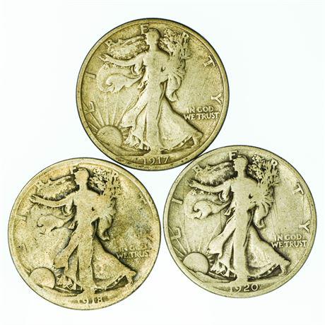 Group of 3 Walking Liberty Half Dollars 1917, 1918, (1 of 2)