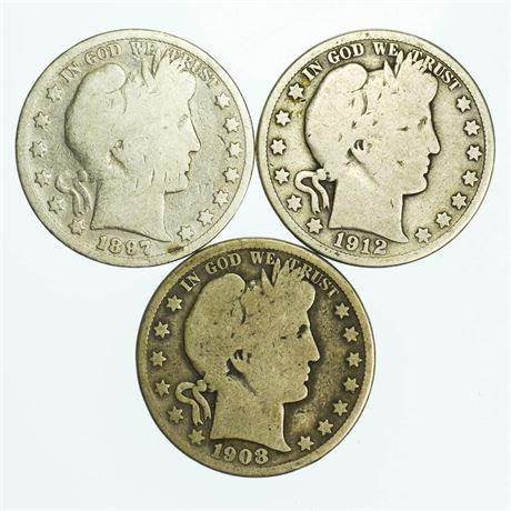 Group of 3 Barber Half Dollars 1912, 1908-D, 1897 (1 of 2)