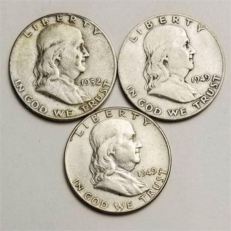 Group of 3 Franklin Half Dollars 1952-S, 1949-D, 1949 (1 of 2)