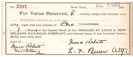1883 Stock Transfer Check New York City: 1883 Stock Transfer Check New York City One Share of the Capital Stock of Chicago, St. Louis, and New Orleans Railroad Company Estimate: $6