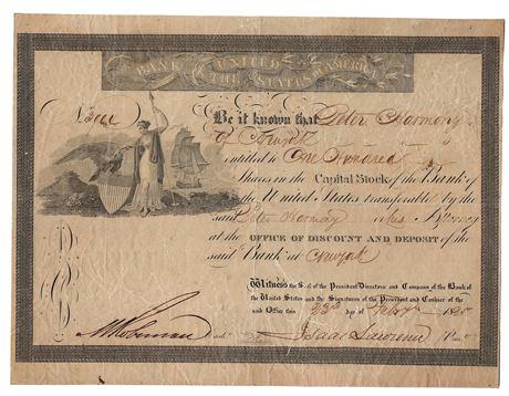 1825 Bank of the United States Stock Certificate Signed (1 of 2)