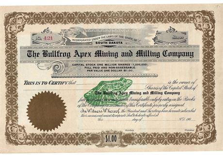 190_ The Bullfrog Apex Mining and Milling Company Stock (1 of 2)