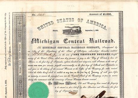 1854 Michigan Central Railroad Bond (1 of 3)