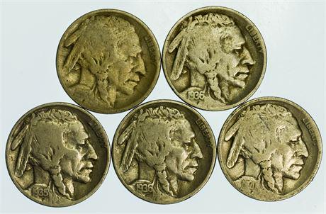 Group of 5 Buffalo Nickels 1918, 1920, 1936-D, 1936, (1 of 2)