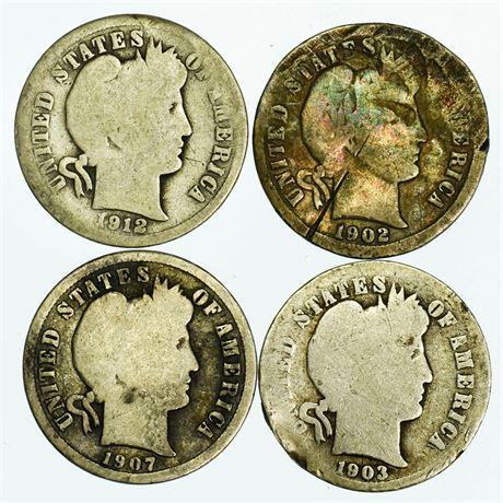 Group of 4 Barber Dimes 1902, 1903, 1907, 1912 (1 of 2)