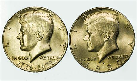 Group of 2 Kennedy Half Dollars 1976 and 1980-P: Group of 2 Kennedy Half Dollars 1976 and 1980-P Estimate: $12