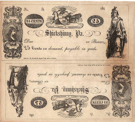 186- Shickshinny, Pennsylvania 25 Cents Uncut Sheet: 186- Shickshinny, Pennsylvania 25 Cents Uncut Sheet Estimate: $150