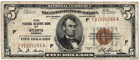 Fr.1850-F 1929 $5 Federal Reserve Bank of Atlanta Note (1 of 2)