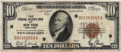 Fr.1860-B 1929 $10 Federal Reserve Bank Note New York, (1 of 2)