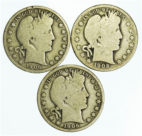 Group of 3 Barber Half Dollars 1906-D, 1906, 1902 (1 of 2)