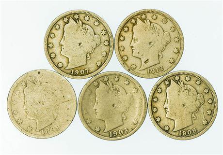 Group of 5 Liberty V Nickels 1899 - 1912 (1 of 2)