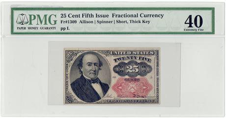 Fr.1308 25 Cents Fractional Currency Short Thick Key: Fr.1308 25 Cents Fractional Currency Short Thick Key Allison | Spinner PMG XF-40 Estimate: $70