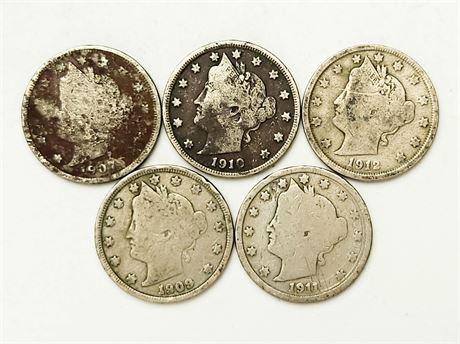 Group of 5 Liberty V Nickels 1907, 1909, 1910, 1911, (1 of 2)