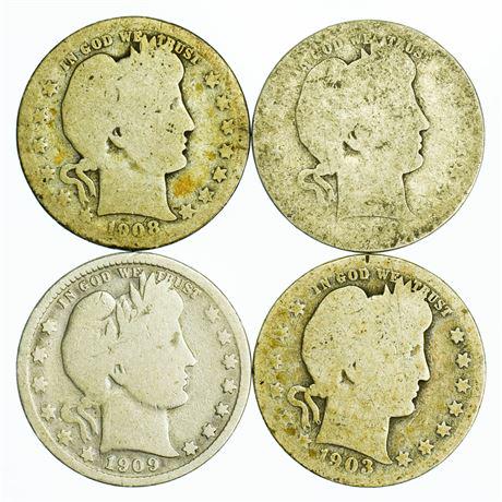 Group of 4 Barber Quarters 1898-O, 1903-O, 1908-O, (1 of 2)