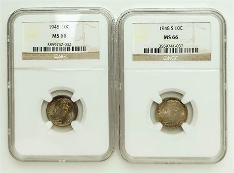 Group of 2 1948 and 1948-S Roosevelt Dimes NGC MS-66 (1 of 3)