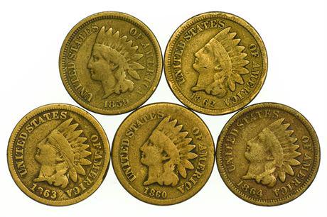Group of 5 Bronze Indian Head Cents 1859, 1860, 1862, (1 of 2)