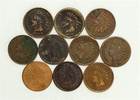 Group of 10 Indian Head Cents Including 1859 and 1882 (1 of 2)