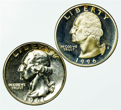 Group of 2 1961 and 1996 Silver Proof Washington Quarters (1 of 2)